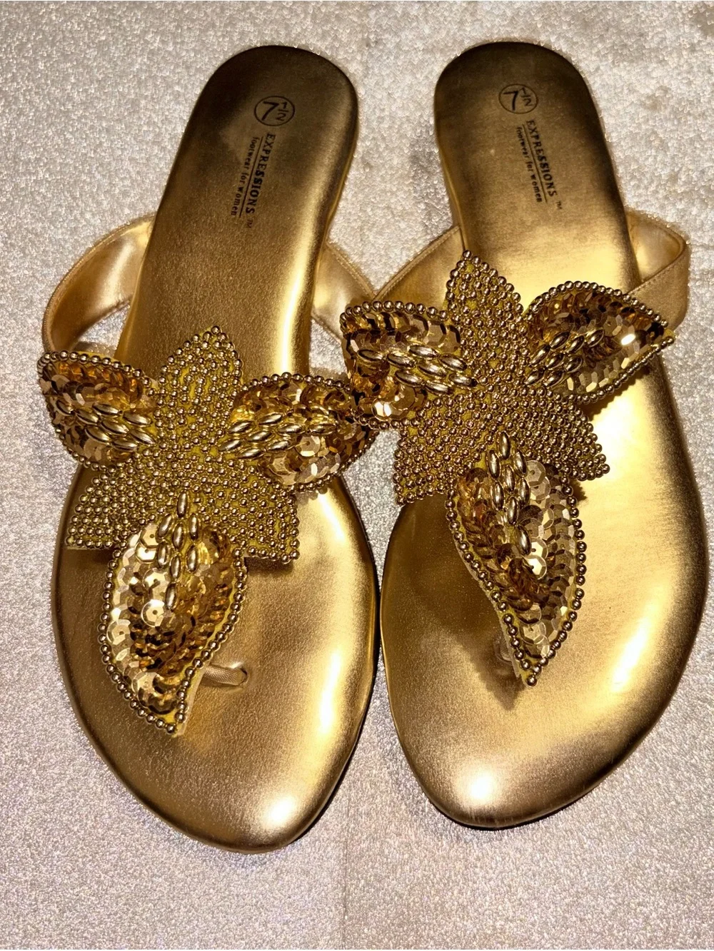 Metallic Gold Floral Sequin Slide Sandals- size 7.5